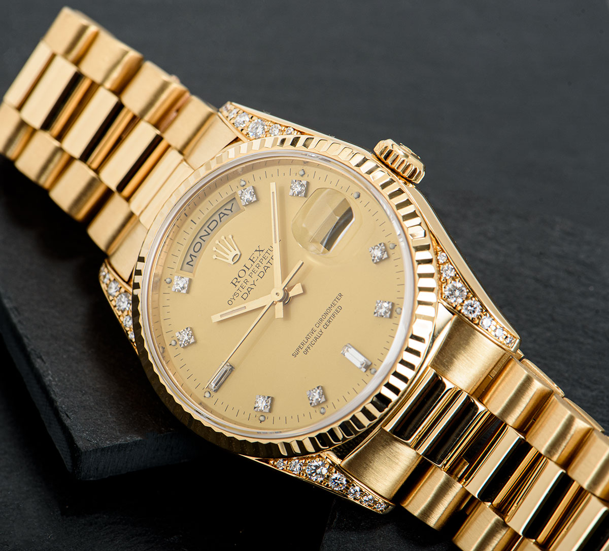 Rolex Day-Date Yellow Gold Champagne Dial Diamond Set 18338 | Watch Centre
