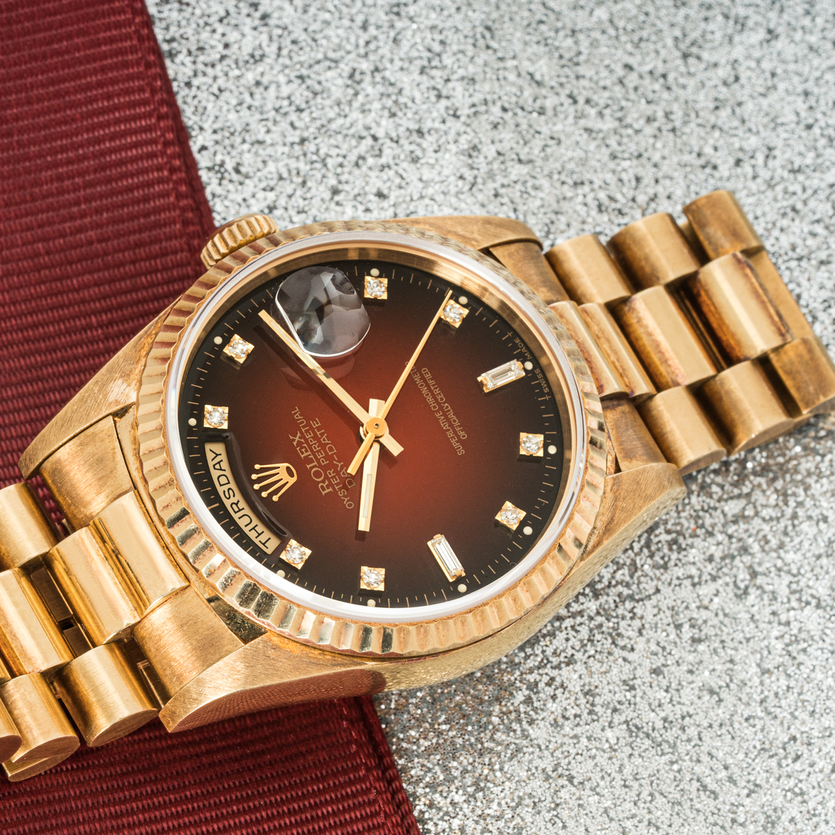 Rolex Day-date 36mm Maroon Vignette Diamond Dial Yellow Gold 18238 