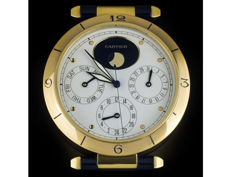 Cartier Pasha Clock Gilt Brass Full Calendar Moonphase Silver Dial