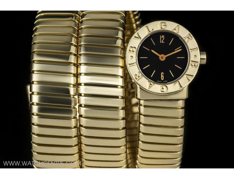 Bvlgari 18k Yellow Gold Black Dial Tubogas Ladies Wristwatch B&P BB191T
