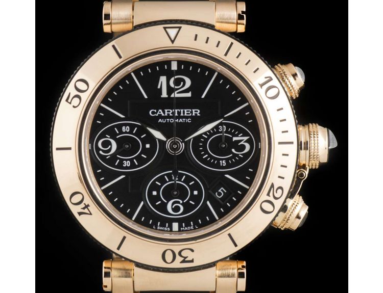 Cartier Pasha Seatimer Chronograph Gents 18k Rose Gold Black Dial B P W301980M