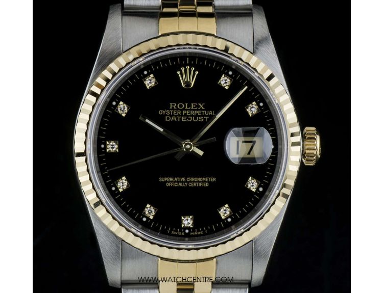 Rolex S G Oyster Perpetual Black Diamond Dial Datejust Gents 16233