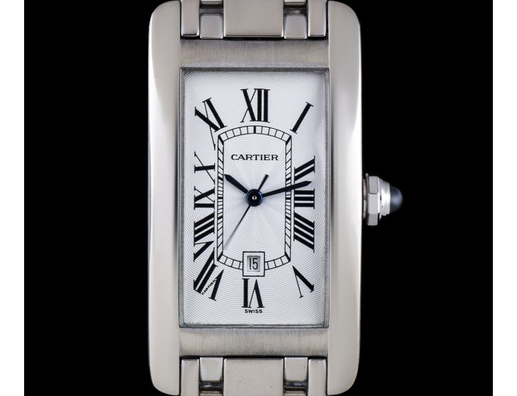 Cartier 18k White Gold Silver Roman Dial Tank Americaine Mid Size Wristwatch