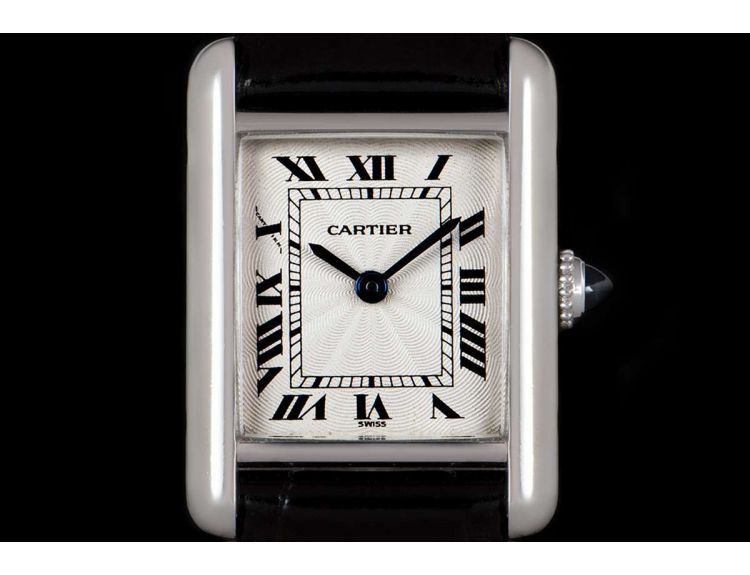 Cartier Rare Tank Vintage Ladies Platinum Silver Guilloche Dial