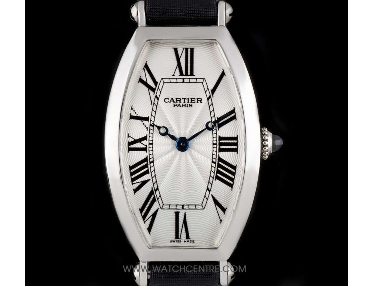 Cartier Platinum Silver Guilloche Dial Tonneau Ladies Wristwatch B P