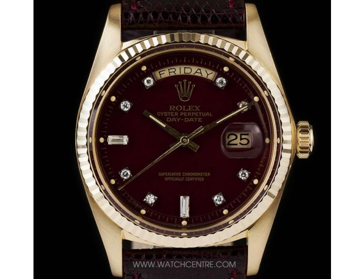 Rolex 18k Y/G Very Rare Oxblood Stella Diamond Dial Day-Date Vintage ...