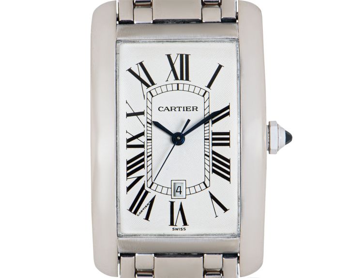 Cartier XL Tank Americaine Men s 18k White Gold Silver Guilloche Dial W26055L1