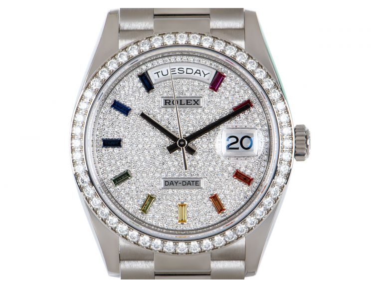 Rolex Day Date 36 White Gold Diamond Paved Rainbow Sapphire Dial Diamond Bezel B P 128349RBR