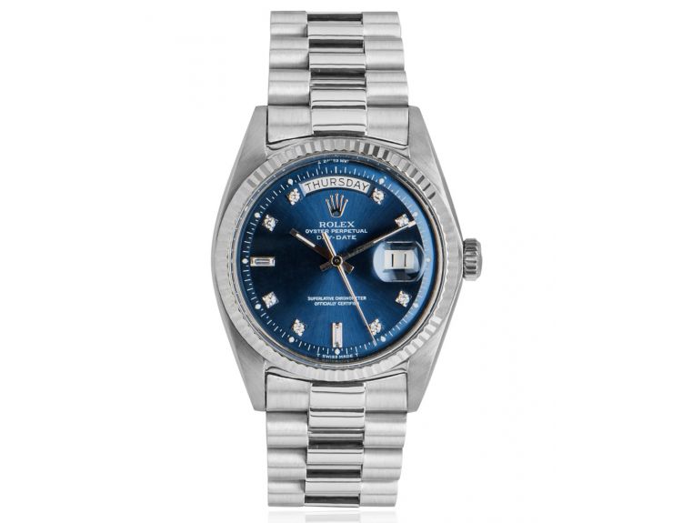 white gold day date blue dial