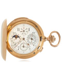 A Rare Swiss Gold Perpetual Minute Repeater Calendar Chronograph Hunter Pocket Watch C1900