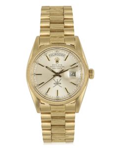 Rolex Very Rare Day-Date Vintage Men's 18k Yellow Gold Silver Omani Dial Bark Finish 1807